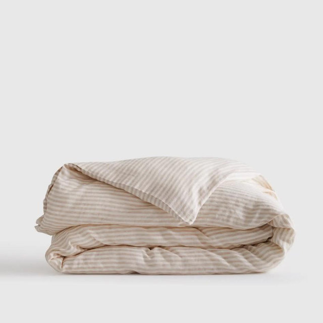 European Linen Stripe Duvet Cover | Quince | Full/Queen | Color: Natural/White Stripe
