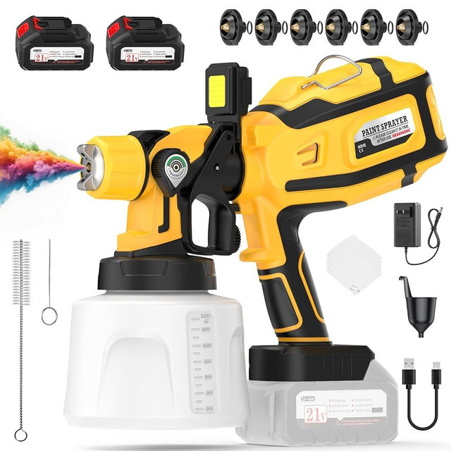 Paint Sprayer, 700W High Power Cordless Electric Spray Paint Gun with 1400ml (47oz) Container, 2×4000mAh Batteries, LED Light, 3 Modes & 6 Brass Nozzles, Paint Sprayer for House Painting