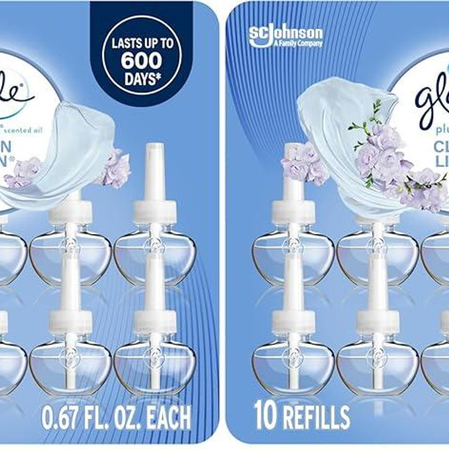 Glade PlugIns Refills Air Freshener, Scented and Essential Oils for Home and Bathroom, Clean Linen, 6.7 Fl Oz, 10 Count (Packaging May Vary) (Pack of 2)
