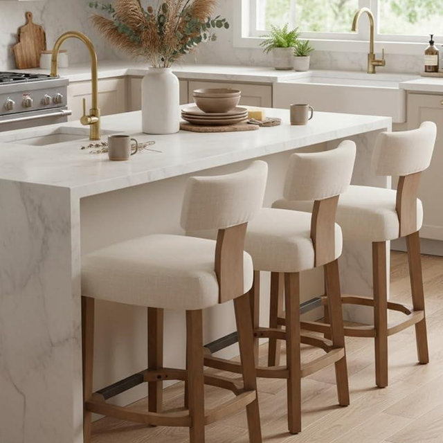 RIVOVA 26” Counter Stools Set of 3 Counter Height Bar Stools Modern Kitchen Bar Stools with Back and Solid Wood Legs, Farmhouse Upholstered Linen Island Stools Countertop Bar Chairs, Beige
