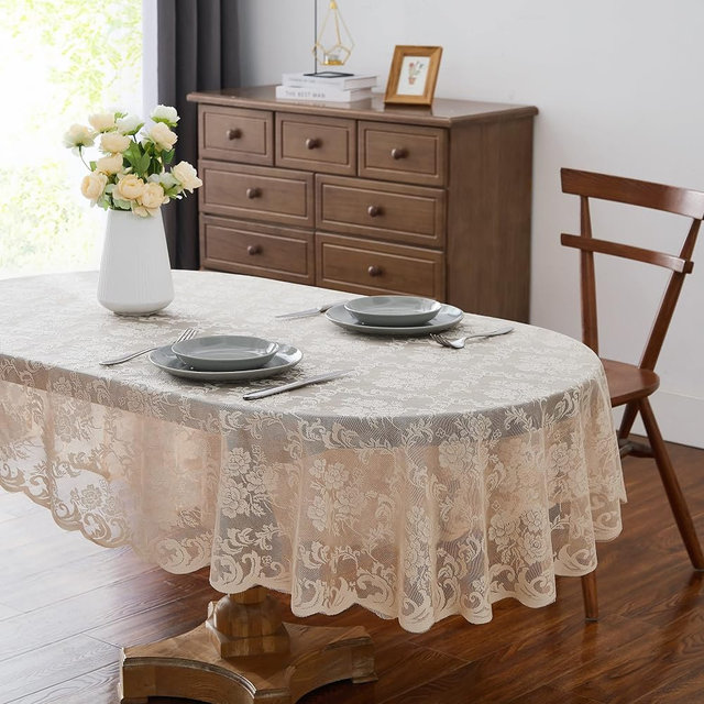 LinenZone Linen Oval Tablecloth for Rustic Vintage Decor - Sheer Lace Works Great As Wedding, Thanksgiving or Christmas Decor (Mia Oval 72, Linen)