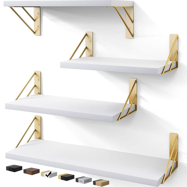 BAYKA Wall Shelves for Bedroom Decor, Floating Wall Shelves for Living Room Kitchen Storage, Wall Mounted Rustic Wood Shelves for Kids Books, Small Shelf for Bathroom(White and Gold，Set of 4)