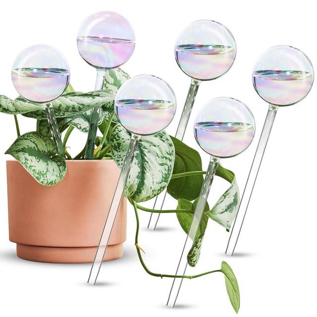 [6 PCS] Light Iridescent Rainbow Gradient Color Clear Glass Self-Watering System Spikes, Aqua Globes Automatic Plant Waterer Bulbs