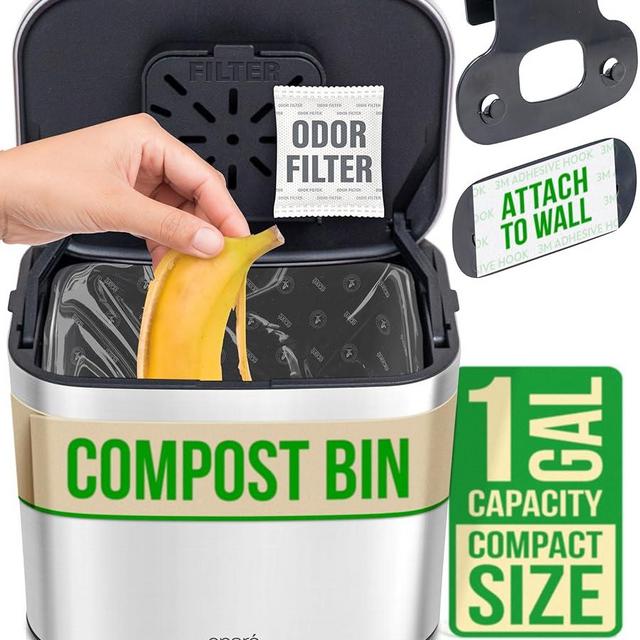 Eparé Kitchen Compost Bin Countertop - 1 Gallon Odorless Small Stainless Steel Composting Bin - Hanging Food & Waste Counter Top Trash Can - with Carbon Filter