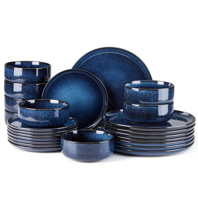 E-far Dinnerware Sets for 8, 24-Piece Stoneware Plates and Bowls Set, Ceramic Dishes Reactive Glaze Dinning Ware, Microwave & Dishwasher Safe - Deep Sea Blue