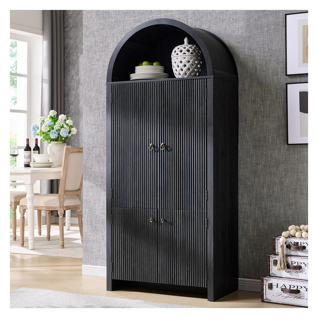 71" Tall Arched Kitchen Pantry, Modern Storage Cabinet with 3 Adjustable Shelves, 6 Door Shelves, for Kitchen, Living Room, Dark Gray