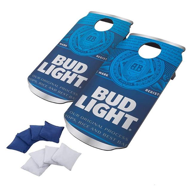 Bud Light Cornhole Outdoor Game Set, 2 Wooden Anheuser-Busch Can-Shaped Corn Hole Toss Boards with 8 Bean Bags, Blue/White, 37x19x4.625