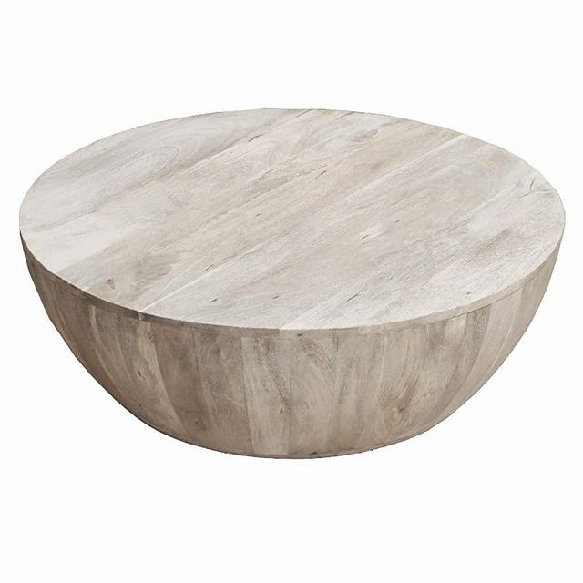 The Urban Port Distressed Mango Wood Coffee Table in Round Shape, Light Brown