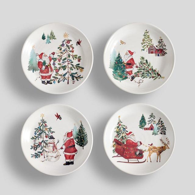 Christmas in the Country Santa Stoneware Santa Salad Plates, Mixed Set of 4 - Green/Red