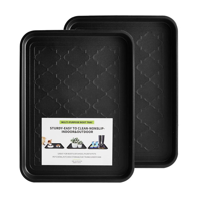 PETABBY Boot Tray 2 Packs All Seasons Multi-Purpose, Waterproof Boot Trays for Entryway Indoor & Outdoor, Non-Slip Shoe Tray, 16.7"x12.8",Black