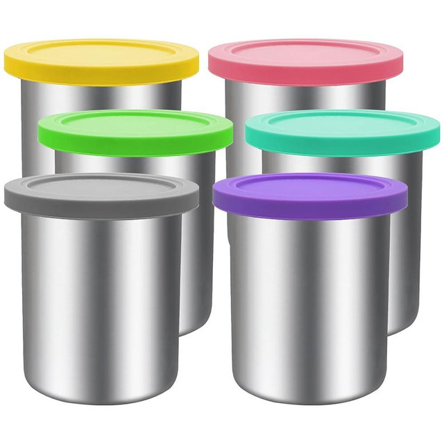 jjxeqo Stainless Steel Pint Containers & Lids Compatible with Ninja Creami ice Cream Maker NC500, NC501, CN501CO Delux Series– 6 Pack, 24 oz, Silicone Lids, BPA-Free, Dishwasher Safe