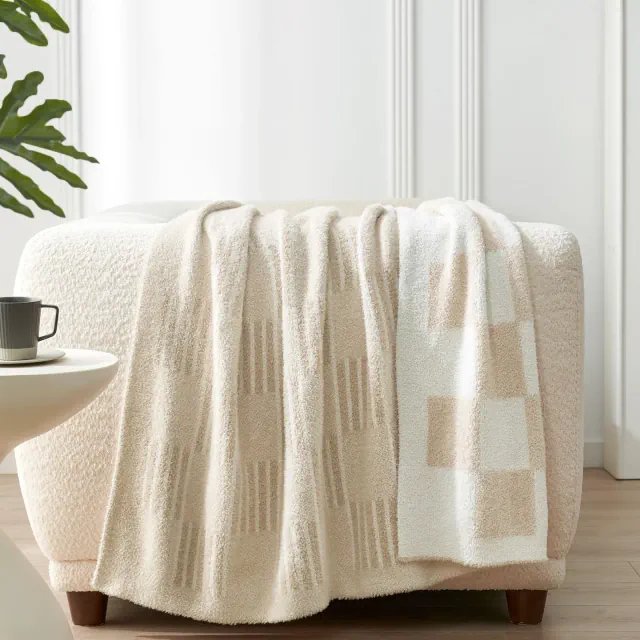Reversible Checkered Striped Throw Blanket Cozy Lightweight Textured Throw, Snuggle Sac, Cream 50*60"