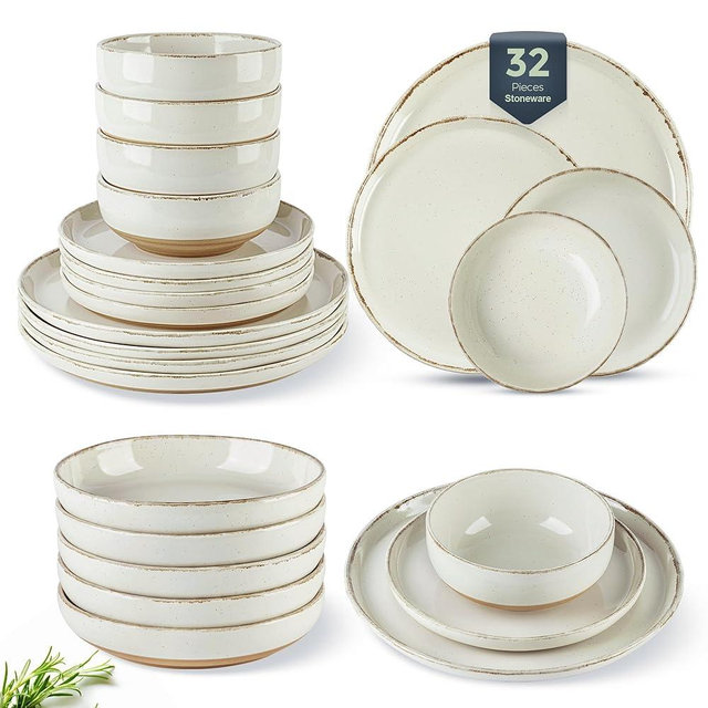 AmorArc Ceramic Dinnerware Sets with Pasta Bowls for 8, Handpainted Plates and Bowls Set with Rustic Terracotta Underside, Scratch Resistant Dishes Set, Dishwasher & Microwave Safe, 32 Pcs
