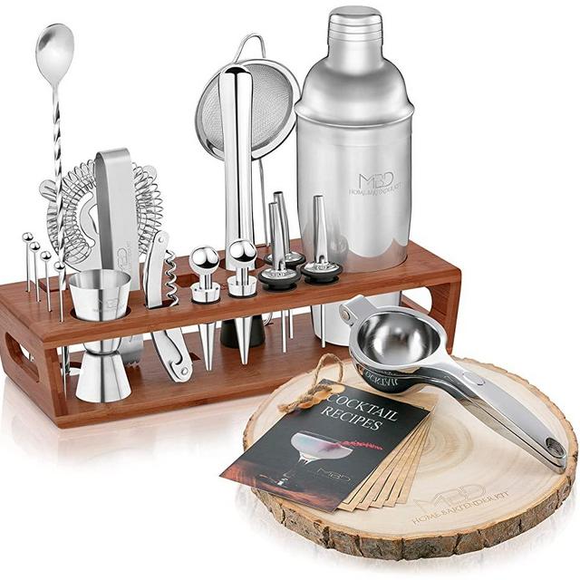 Cocktail Shaker Set Bartender Kit – 21-Pc. Stainless Steel Bartending Kit with Stand, Bar Spoon, Cocktail Jigger, Hawthorn Strainer, Juicer, Liquor Pourers, Wooden Cutting Board, More by MBD(Brown)