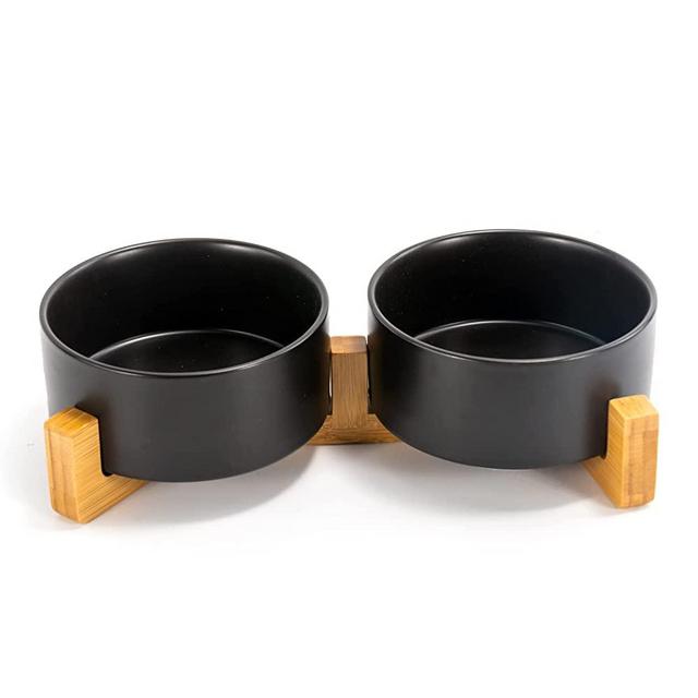 Ceramic Dog and Cat Bowl Set with Wooden Stand, Modern Cute Weighted Food Water Set for Small Size Dogs (13.5OZ ) & Medium Sized Dogs (28.7OZ) & Cats (3.6 Cups, 2 × Black)