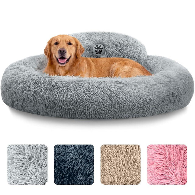 PetJett Dog Beds Large Sized Dog - 36'' Calming Round Bed, Washable Dog Bed - Anti-Slip Super Soft Donut Bed, Fluffy Faux Fur Anti-Anxiety Premium Comfort Pet Bed, Fits Dogs up to 80 lbs - Bright Grey