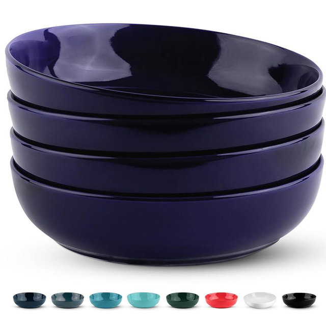 KooK Porcelain Pasta Bowl Set, For Soups and Salads, Serving Bowls, Large Capacity, Microwave & Dishwasher Safe, Set of 4, 40 oz (cobalt)