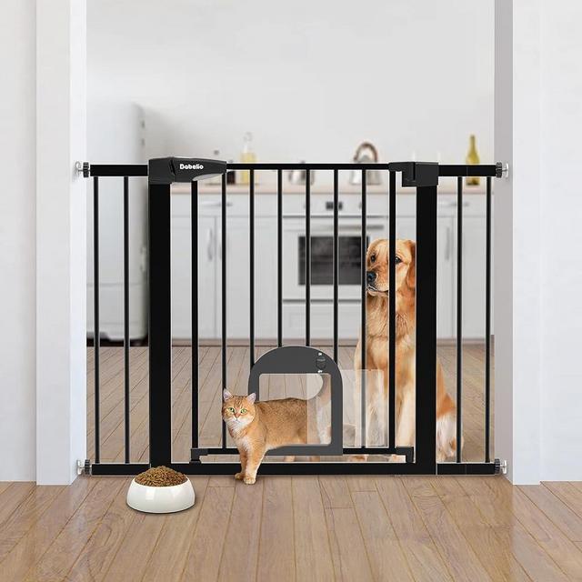 Babelio Upgraded Baby Gate with Cat Door, 29-43" Auto Close Durable Dog Gate for Stairs, Doorways and House, Easy Walk Thru Safety Gate with Pet Door Includes 4 Wall Cups, Black