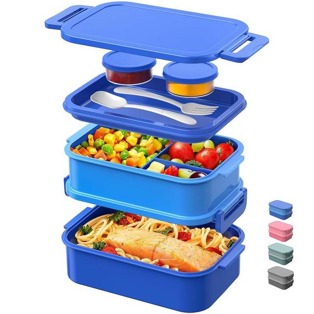 DaCool Bento Box Adults Lunch Container - 74 OZ Stackable Leakproof Bento Lunch Box for Adults Men Boys Teens Large Lunch Box Containers with Fork Spoon Sauce Boxes for Work School Dining Out, Blue