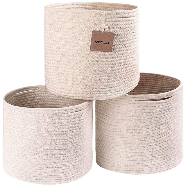 voten Rope Storage Baskets Bins 3 Pack Storage Cube Organizer Foldable Decorative Woven Basket with Handles for Clothes,Toys,Laundry,Books,Towels,Nursery(Round 11x11x11 Off White)