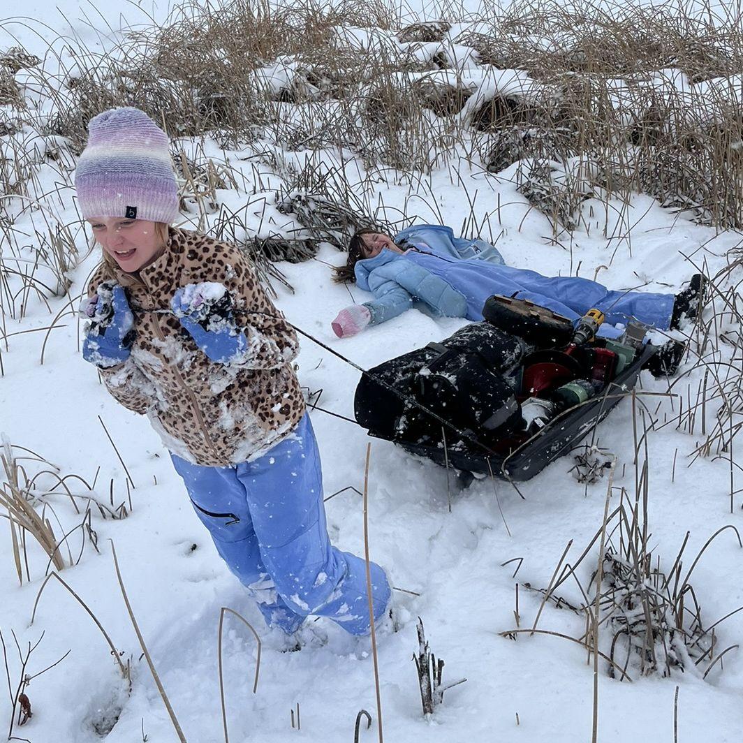 Ice fishing with Railla & Elise. Too many snacks made Railla dead weight. Oh well moving on.... She'll catch up??