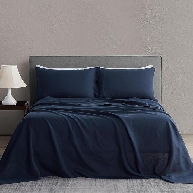 DAPU Pure Linen Sheets Set, 100% French Linen from Normandy, Breathable and Durable for Hot Sleepers, 4 Pcs Set - 1 Flat Sheet, 1 Fitted Sheet, 2 Pillowcases (Navy Blue, Queen)