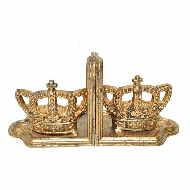 JUCONSIN Crown Decorative Bookends, Gold Book Ends Heavy Duty Cast Iron Book Supports, Unique Cute Bookends Decor for Office Home Desk Bookrack Shelves, 1Pair/2Piece