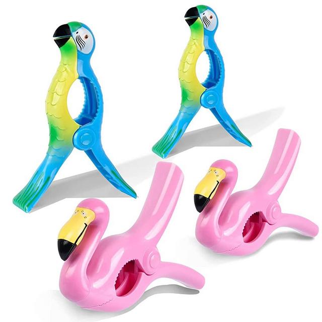 Beach Towel Clips, Sopito Beach Chair Clip Flamingo Towel Clips Parrot Towel Holder for Clothes Quilt Blanket Home Pool Chair, 4PCS