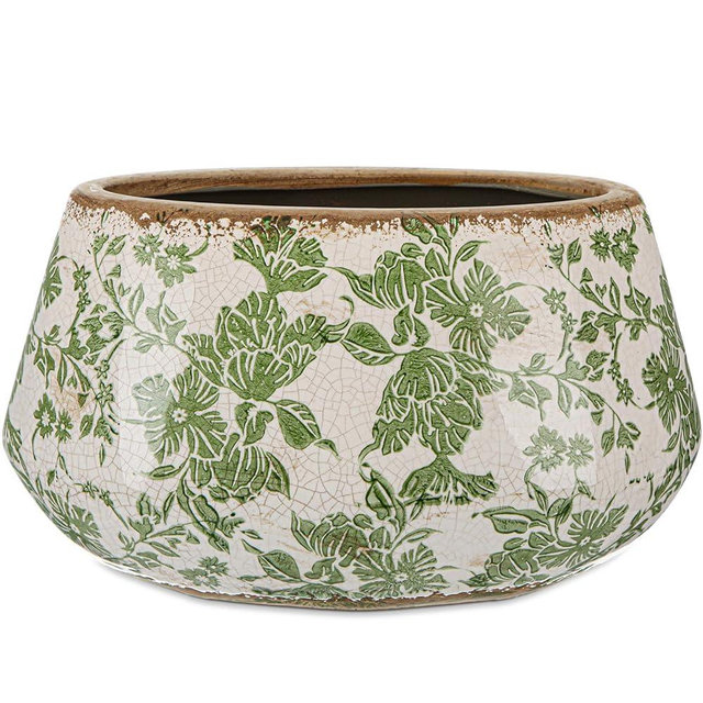 Ninehaoou 9.8 Inch Large Vintage Ceramic Planter Ice Crack Glaze Green Chrysanthemum Floral Flower Pot with Drainage Rustic Decorative Plant Pots Gifts for Home Kitchen Office Indoor Outdoor Plants