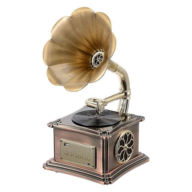 Mini Vintage Retro Classic Gramophone Phonograph Shape Stereo Speaker Sound System Music Box 3.5mm Audio Blue Tooth 4.2 Aux-in/USB Flash Drive Size: (8.19'' x 6.73'' x 13.11'')