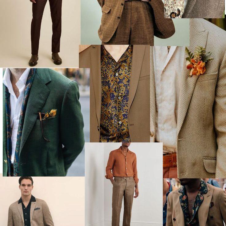 For men: suits or dressy separates in brown, forest, navy, charcoal, or whatever! Have fun with textures and accessories — a patterned tie or pocket square fits the vibe for sure.