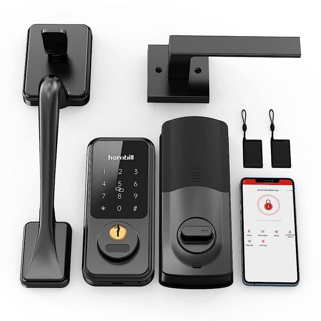 Keyless Entry Door Lock with Handle, Hornbill Smart Front Door Lock Set, Electronic Keypad Smart Deadbolt Lock, Alexa Front Door Handle Set, Digital Lock via Bluetooth APP/Keyfob/Auto Lock-Matte Black