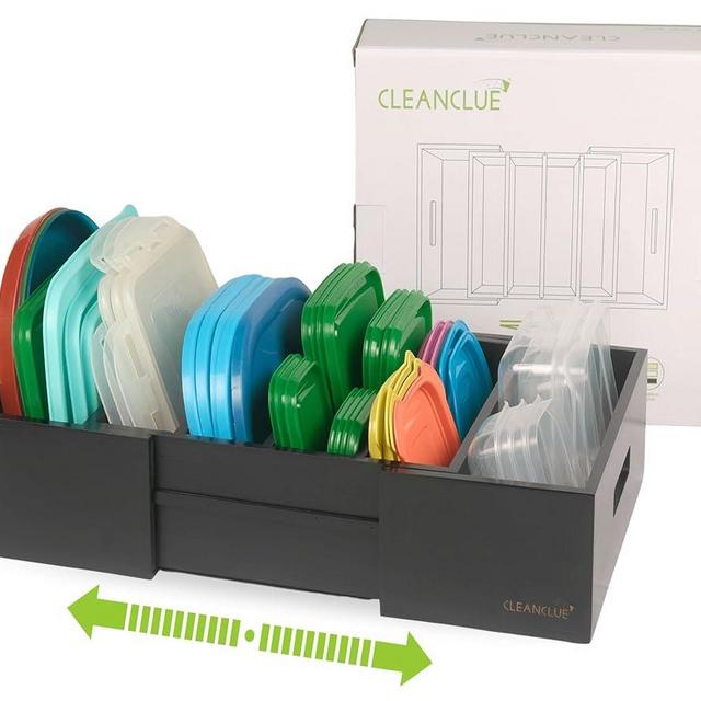 Cleanclue Expandable Kitchen Cabinet Organizer for Food Storage Container Lids, Bamboo Drawer Caddy Adjustable Dividers, Box for Kitchen Storage and Organization, Tupperware Lid Organizer for Cabinet (Black)