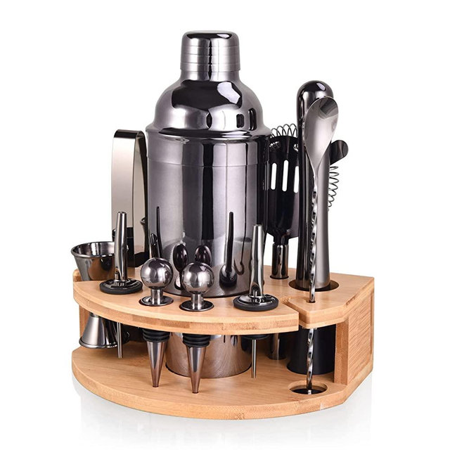 Esmula Bartender Kit with Stylish Bamboo Stand, 12 Piece 25oz Cocktail Shaker Set for Mixed Drink, Professional Stainless Steel Bar Tool Set - Cocktail Recipes Booklet(Titanium Grey)