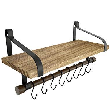 Love-KANKEI Floating Shelf Wall Shelf for Storage Rustic Wood Kitchen Spice Rack with Towel Bar and 8 Removable Hooks for Organize Cooking Utensils or Mugs Carbonized Black