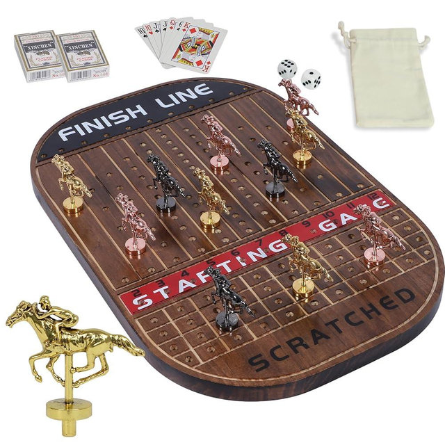 HOROW Metal Horse Racing Board Game Card Board Game Finish Line Luxury Edition Solid Wood Race Game Board 11 Batches of Metal Model Horses 2 Sets of Dice and 2 Boxes of Cards…