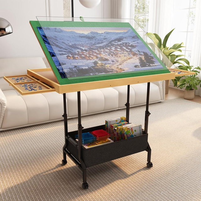upvercy 4-in-1 Adjustable & Tilting & Rolling & Storage Puzzle Table with 2 Large Drawers, 1500 Piece Puzzle Board with Legs, Cover, Fabric Drawer- 34" x 26" Puzzle Table for Adults & Enthusiasts