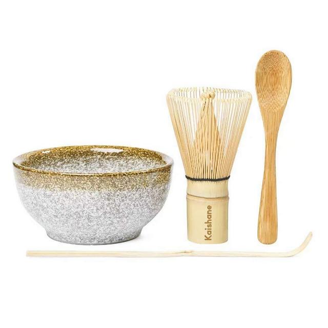 KAISHANE Japanese Matcha Whisk Set Matcha Tea Ceremony Set of 4 Including 100 Prong Matcha Whisk, Traditional Scoop, Tea Spoon and Ceramic Matcha Bowls