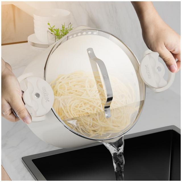 JoyTable Pasta Pot with Strainer Lid - 5 Quart Nonstick Ceramic Stainless Steel Pot with Twist & Lock Handles - Cream