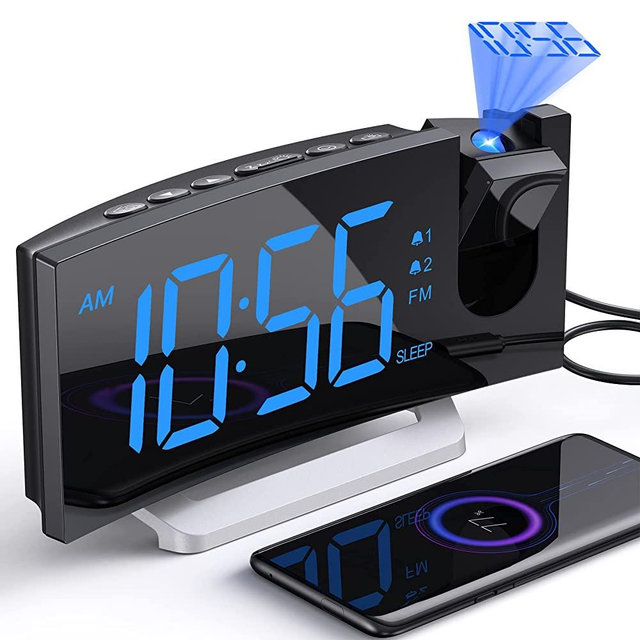 Alarm Clock for Bedroom, FM Clock Radio with 180° Rotatable Projector, Adjustable Brightness for Screen and Projection, Large LED Display, Dual Alarms, 3-Level Volume, Digital Clock with USB Charger