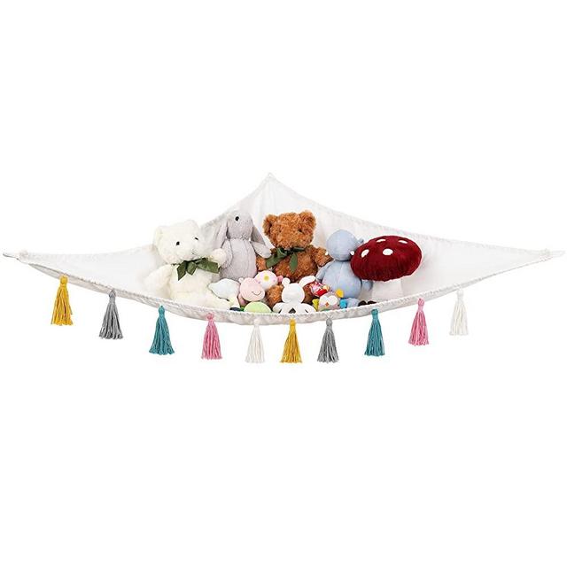 Mkono Stuffed Animal Toy Hammock Hanging Macrame Stuff Animals Organizer Storage with Colorful Tassels Boho Large Corner Plush Toys Net Holder for Nursery Play Room Bedroom Kid Room, Small, White