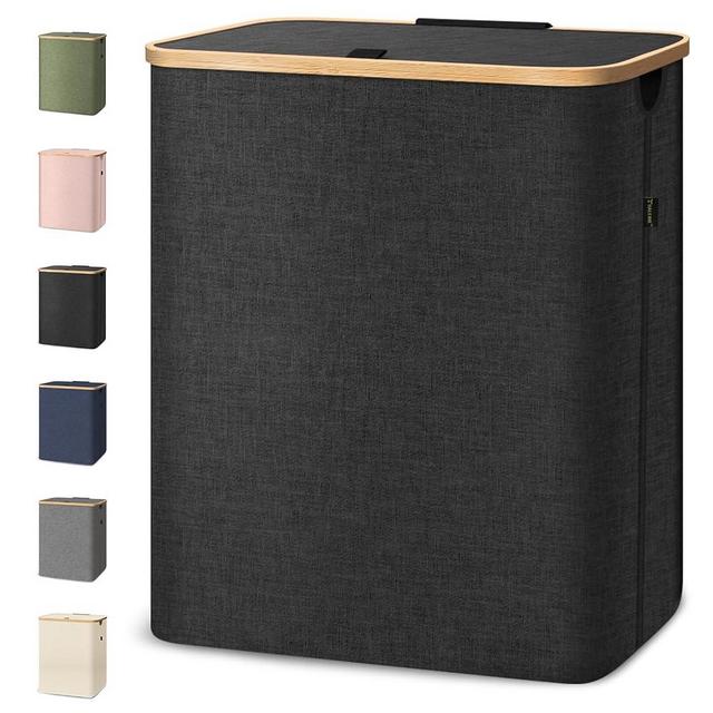 BALEINE Laundry Hamper with Lid, Tall Laundry Baskets with Bamboo Pull Handles, Large Laundry Bin with Internal Support (40 Gallon, Black)