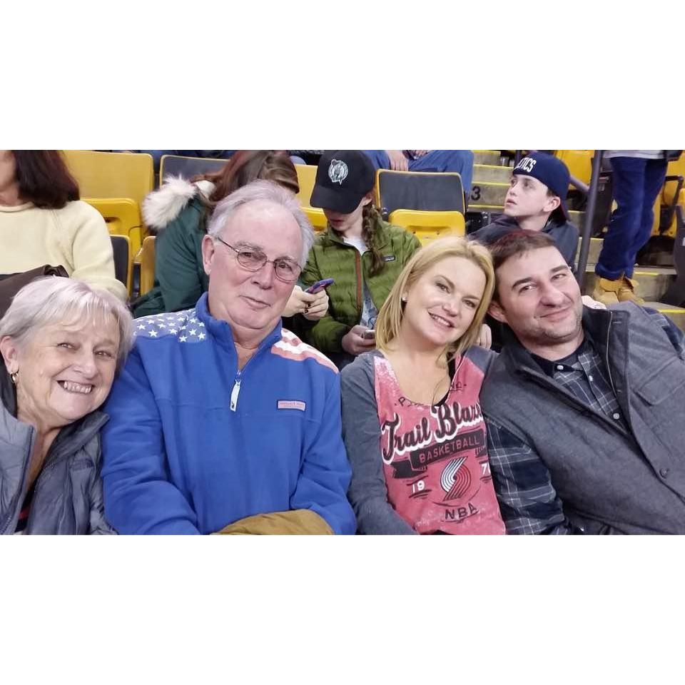 Family fun at Celtics-Trailblazers game 2017 (with Ann & Paul Bergin)