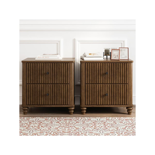 Set of 2 Fluted Nightstands, 22" Mid-Century Modern Walnut Bedside Tables with 3 Drawers & Solid Wood Legs - Panipeachy