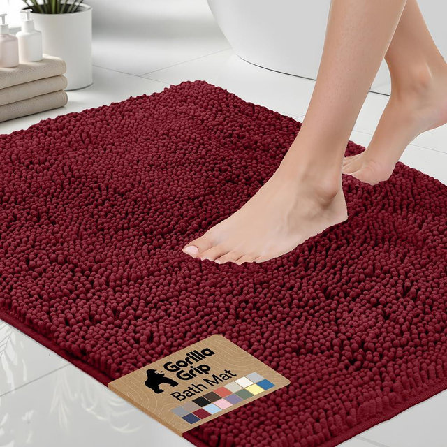 GORILLA GRIP Bath Rug Mat 44x26, Soft Absorbent Chenille, Quick Dry Microfiber Mats, Rubber Backing Washable Shower Floor Rugs, Bathmat Runner, US Designed Bathroom Home Decor Accessories Burgundy
