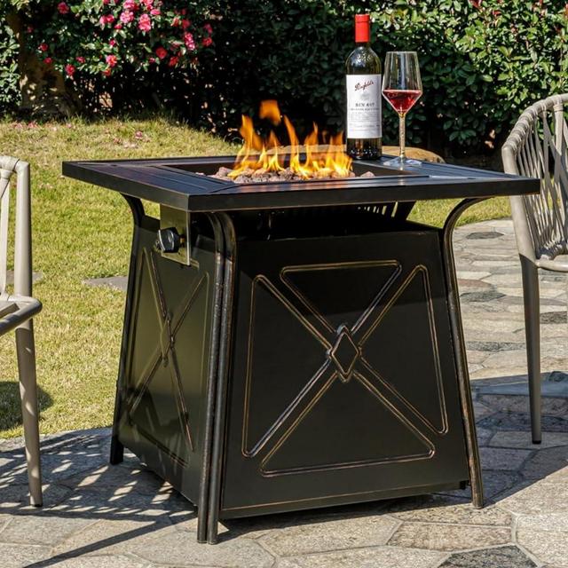 OutVue 28" Fire Pit Table,Gas Fire Pits for Outside Patio,50000 BTU Propane Fire Pits with Lid &Lava Rocks,Firepit for Garden,Yard (Black)