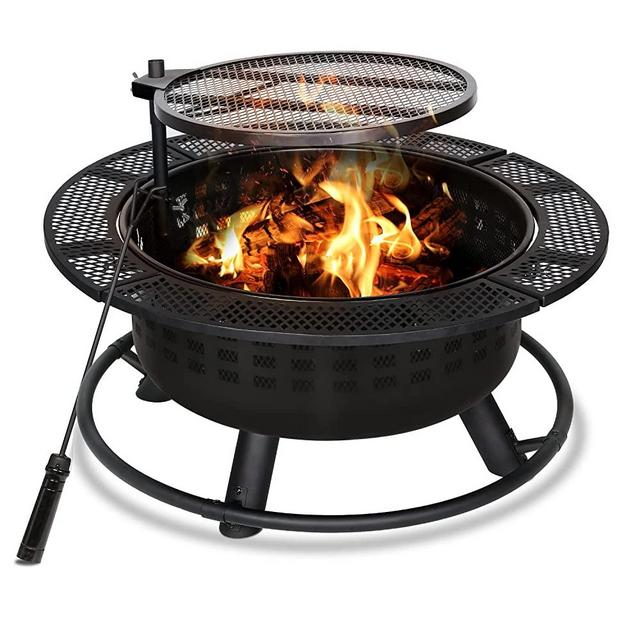 hykolity Outdoor Fire Pit with Cooking Grate, 32" Heavy Duty Wood Burning Steel BBQ Grill Firepit Bowl with Spark Screen Cover Log Grate Fire Poker for Backyard Bonfire Patio