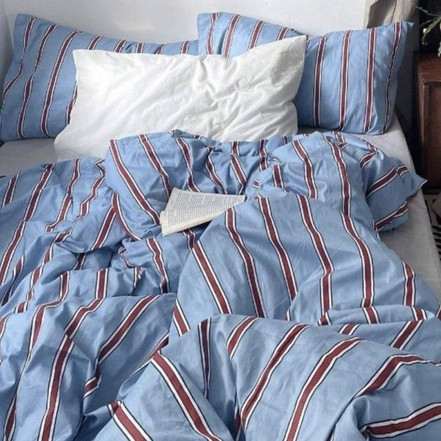 Cotton Vintage Striped Duvet Cover Set 3 Piece Queen Bedding Set with Zipper Closure Blue Queen