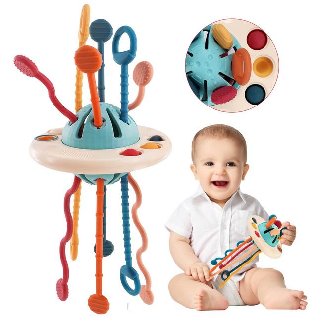 JKHEPL Pull String Airplane Travel Toys for Toddlers 1-3 - Montessori Toys for Babies 6-12 Months UFO Silicone Pull String Activity Toy Sensory Development Mobi Zipee Baby Toys Fine Motor Skills Toys