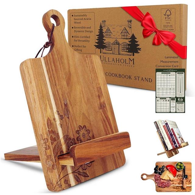 ULLAHOLM Versatile Acacia Cookbook Stand, Reversible Recipe Book Holder, Giftable Charcuterie Board Cook Book Stand Measurement Conversion Card, Adjustable Cookbook Holder, Tablet Stand Charging Slot